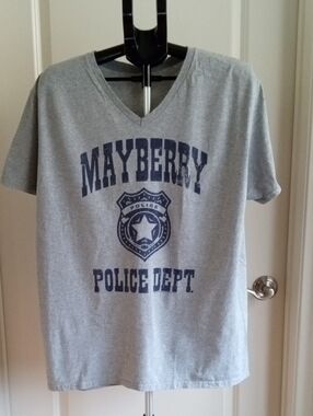 Fruit of the Loom Gray V-Neck T-Shirt with Navy 'Mayberry Police Dept.' Print